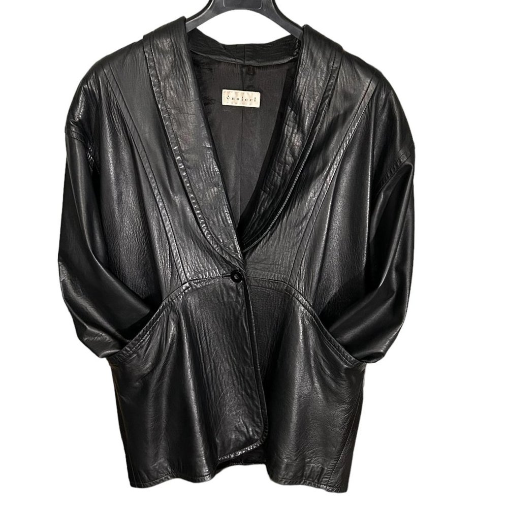 VERICCI Vintage Women's M Oversized-Style Black Leather Trench Coat. Retail $425